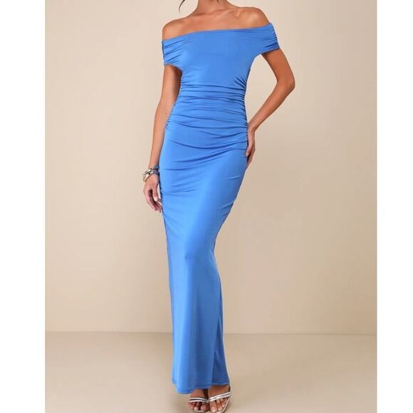 Lulus NWOT Brilliant Elegance Blue Off-the-Shoulder Backless Ruched Maxi Dress - Picture 2 of 11